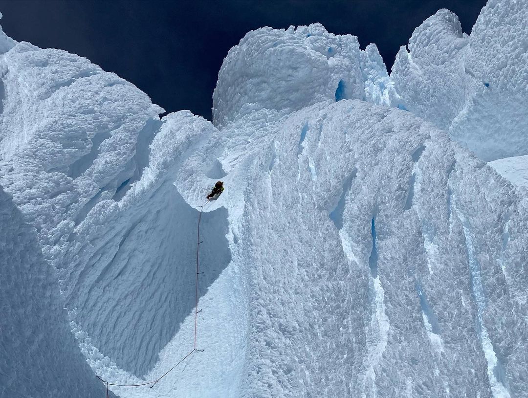 Final part of the route to the top of Cerro Torre along openwork ice couloirs