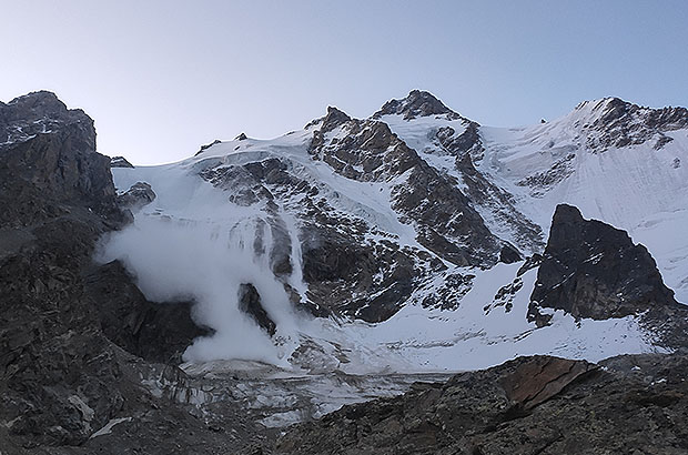 Large ice avalanche caused by the collapsed serac on the ascent route to Dykh-Tau
