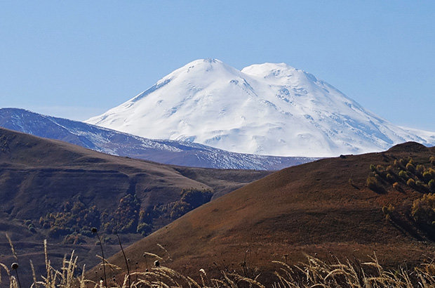 View of Mount Elbrus from the northeast, from the Tyzyl gorge
