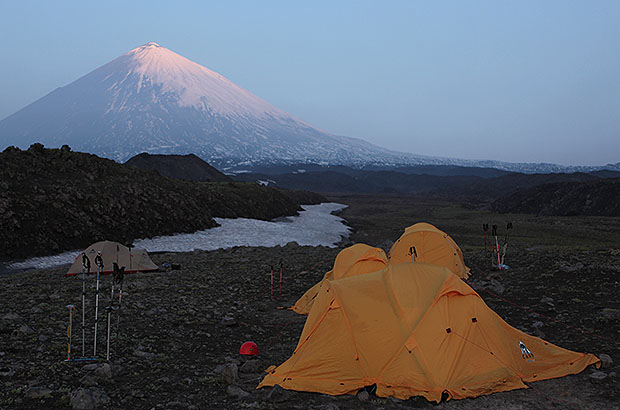 Camp on the saddle between Klyuchevskaya and Krestovsky volcanoes. Erman Plateau. Kamchatka