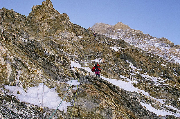 Rocky section of the Pogrebetsky ridge, hung with old fixed ropes, climbing Khan Tengri