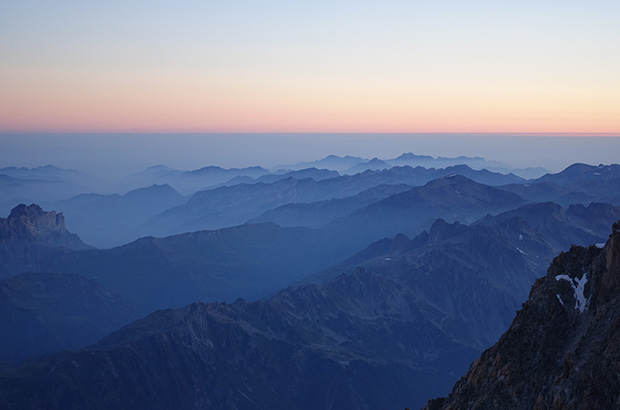 Panorama to the east from the upper third of the Mont Blanc route. It's about to dawn