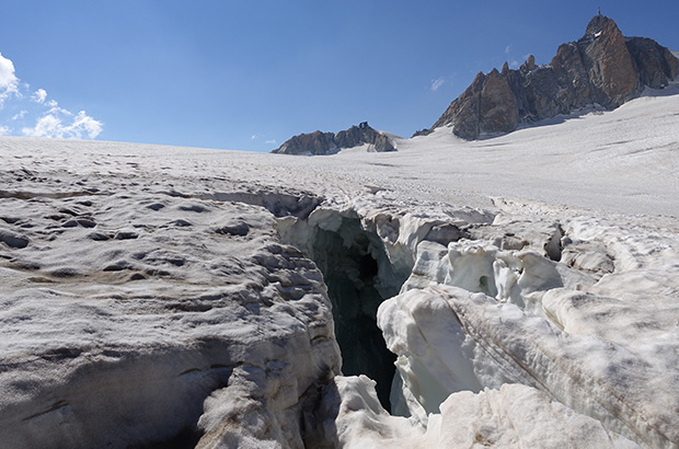 Open crevasses in the glacier at the foot of Mont Blanc