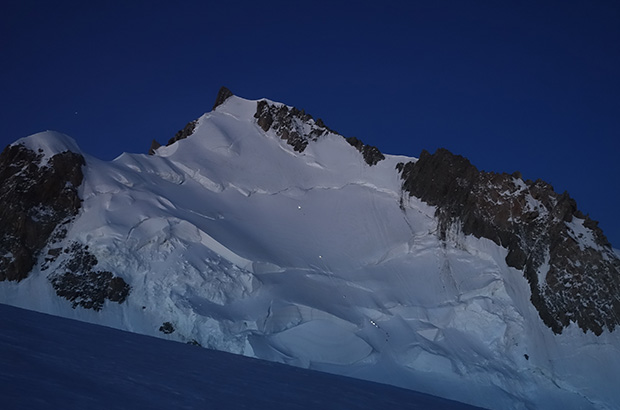 The crux section of the Mont Blanc route is the pass over the buttress of Mont Maudit towards the main Summit of Mont Blanc