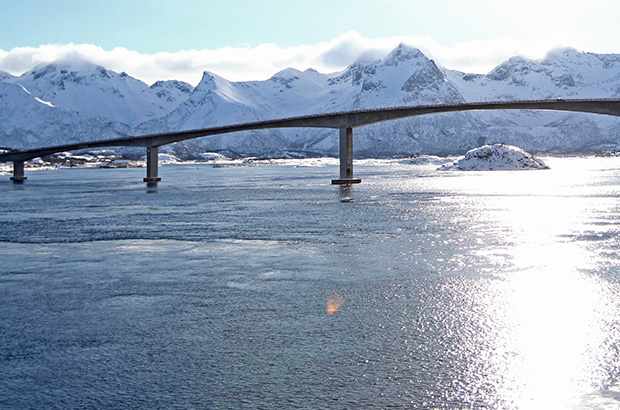 Road bridges in Northern Norway connect numerous islands of the Lofoten archipelago