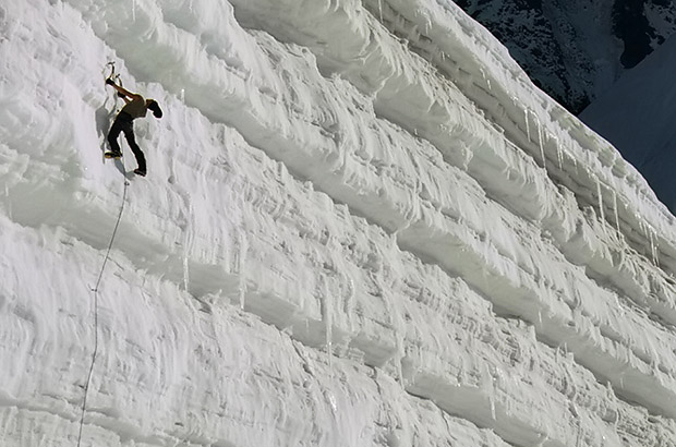 Summer iceclimbing on the glacier steps at the foot of Mount Ushba