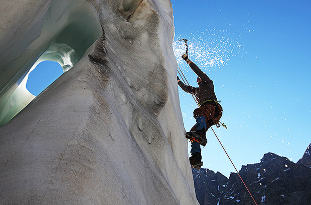 Summer iceclimbing on a glacier in the Bezengi area