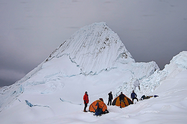 Nevado Alpamayo is covered with a bad weather. Together with our camp at the 5500 m pass