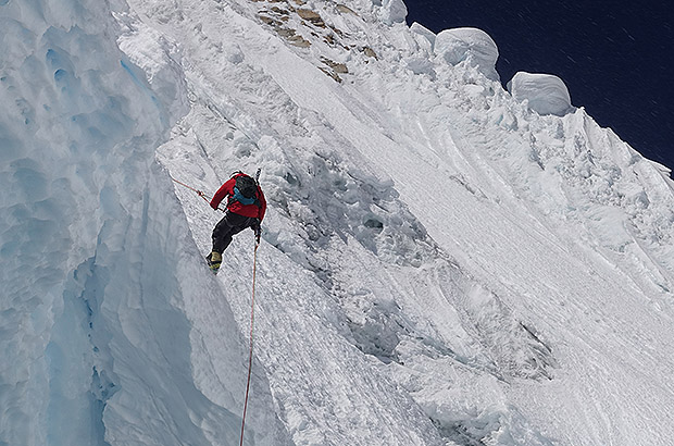 Descending Nevado Alpamayo ice wall after a successful climb to the summit