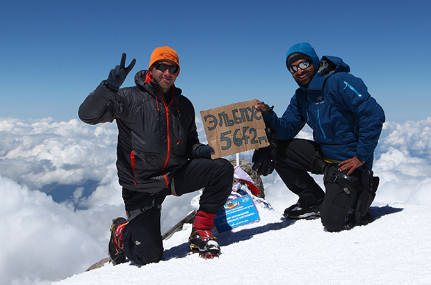At the summit of Mount Elbrus, climbing along the western route