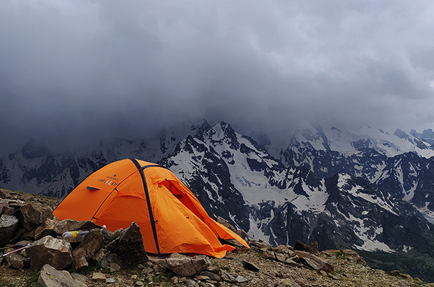 Ferrino Pilar II tent on the climbing route in the Central Caucasus