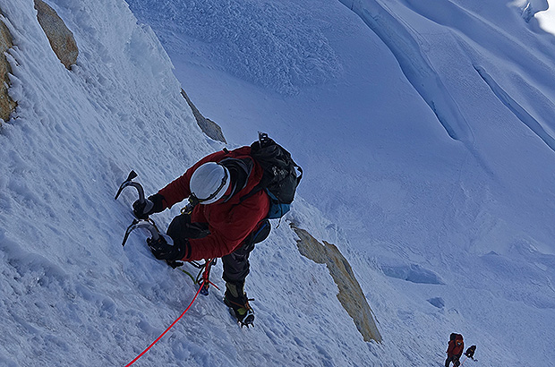On the Nevado Alpamayo climbing route. The first half of the face is more gentle, closer to the top the slope becomes steeper
