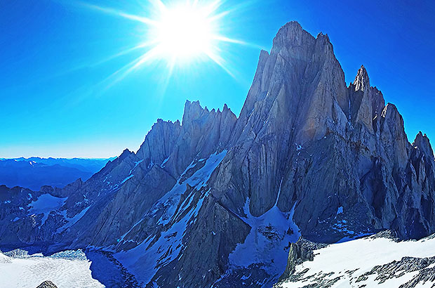 The Fitzroy massif in Patagonia. The optimal traverse line is from left to right.