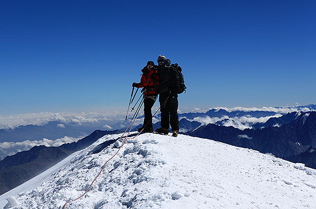On the summit of Mount Kazbek, 5044 meters above sea level