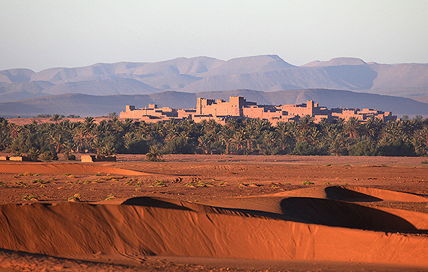 An ancient fortress in an oasis in the desert