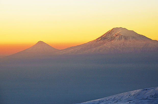 The peaks of Big and Small Ararat, view from the top of Mount Aragats