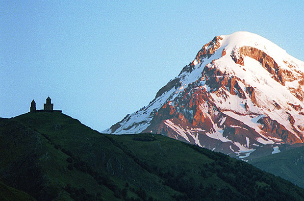 A classic view of Mount Kazbek from the Stepantsminda village.