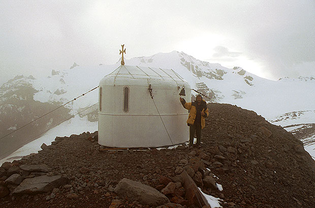 A small mountaineering church on the slope of Mount Kazbek