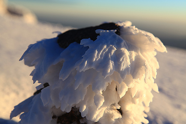 Снежные перышки прилепились к скалам вершинного гребня Тубкаля во время недавней непогоды