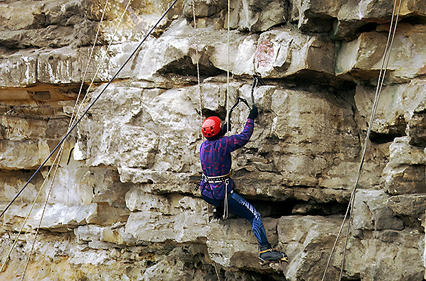 Drytooling training on the rocks of an abandoned quarry. By the way, the nature of this terrain generally excludes the possibility of safe climbing