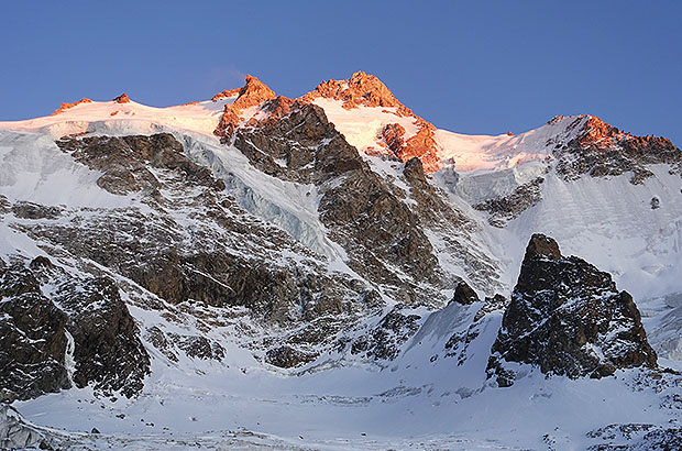 Sunset view of Dykh Tau from the Russian Bivouac 3600 m
