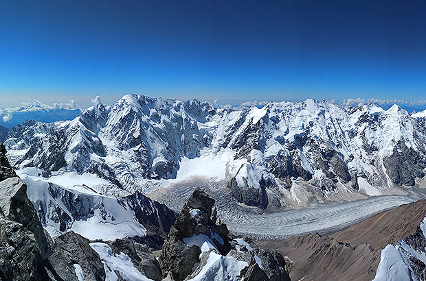 Panorama of the Bezengi glacier and Bezengi Wall from the summit of Dykh Tau