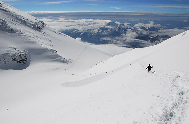 Ascent to the west Summit of Mount Elbrus from the Saddle. The photo shows an avalanche that broke the trail.
