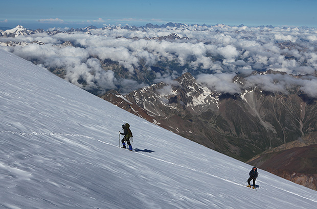 Climbing Mount Elbrus by the east slope. Slope steepness is approx. 10-15°