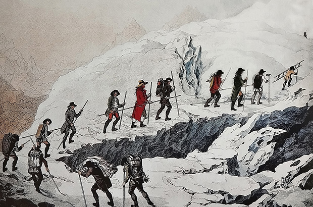 На заре рождения традиций альпинизма никому не приходило в голову лазить по вершинам в одиночку. Восхождение на Монблан, рисунок 18го века