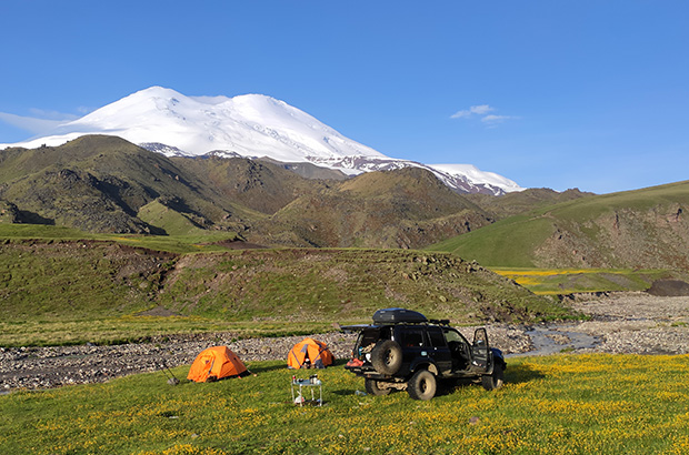 Our Base Camp at the foot of Mount Elbrus. You can just relax with an incredible view of the snow-white giant, but also you can make plans for a closer acquaintance