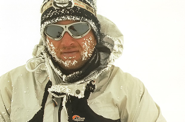 Humidity freezes and settles as frost on the clothes and faces of climbers during ascent of Mount Elbrus