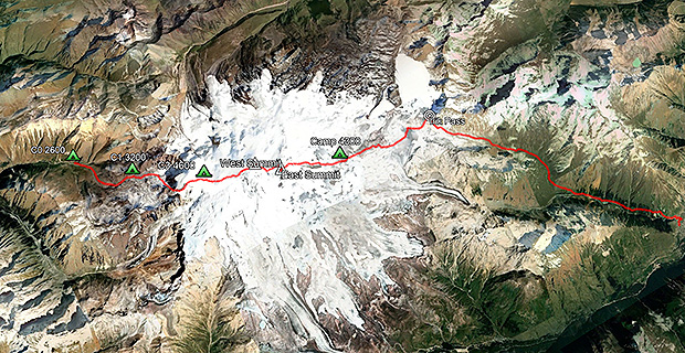 The route of the Elbrus traverse from west to east