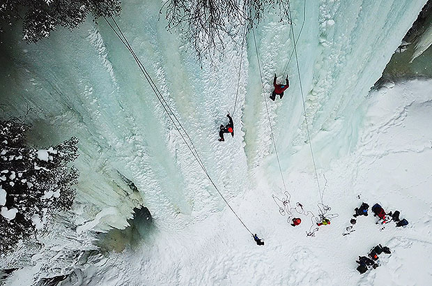 Iceclimbing on a frozen waterfall, Norway
