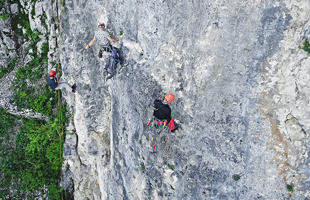 Work on equipping the rock climbing routes in the Katskhi Canyon