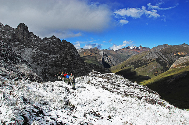 The beginning of the trekking route in Cordillera Huayhuash after an overnight snowfall