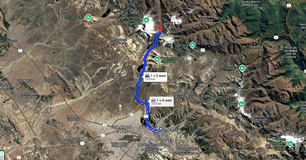 От Ла Паса на машине расстояние до стартовой точки маршрута на Уайна Потоси - 36 км