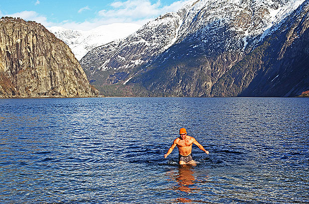 Norway, swimming break in the fjord on the way to Bergen from Hemsedal