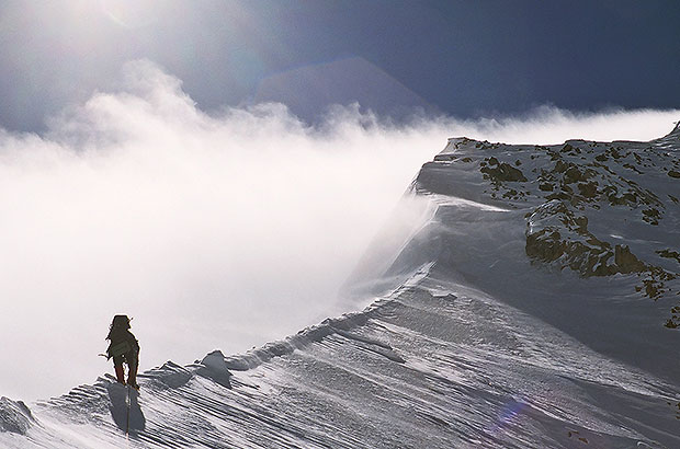 Passing the snow ridge, climbing Mount Shkhara, Bezengi