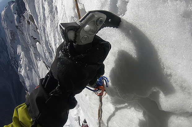 On a steep section of the Mount Dykh Tau ice ridge, Bezengi