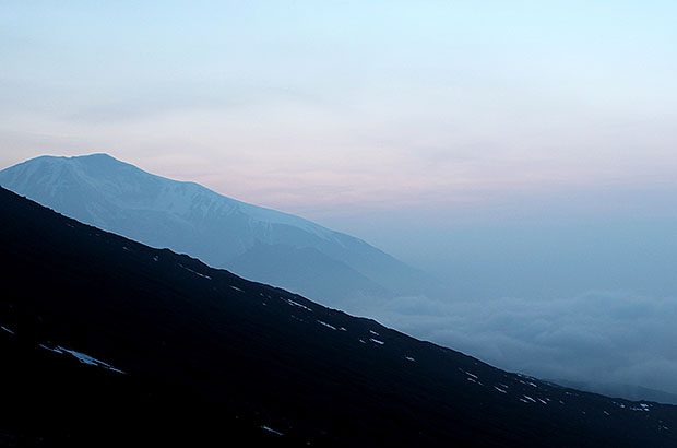 Sunrise in the Klyuchevskaya group of volcanoes in Kamchatka