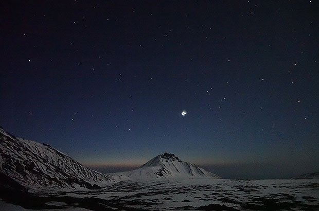 An unknown planet rises over the Erman plateau. Kamchatka