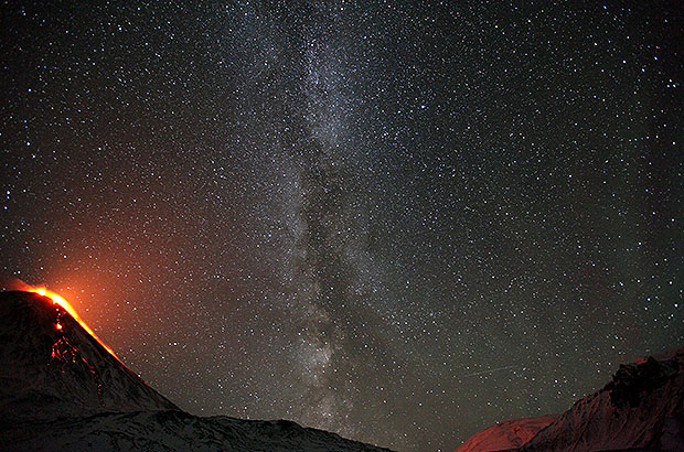 The eruption of Klyuchevskaya Sopka in Kamchatka is an enchanting night spectacle