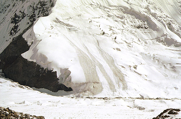 Avalanche tracks on the slope of Chapaev Peak