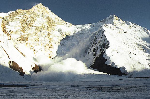 An avalanche from the Khan Tengri saddle and Chapaev peak is a common sight from the Base Camp