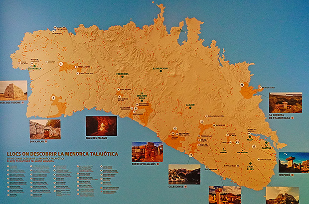 Мелкие красные точки на карте острова Менорка - это места, где сохранились монументы талайотической эпохи