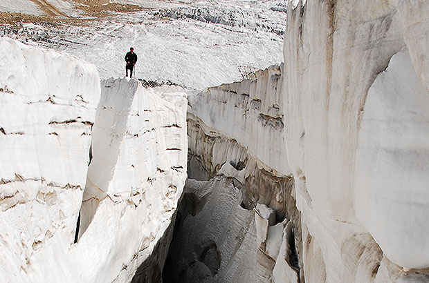 Walking among glacial cracks, Caucasus