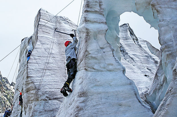 Practicing iceclimbing skills, Kashkatash glacier, Elbrus region