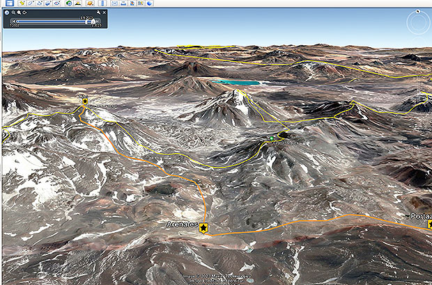 Screen of Google Earth with recorded track and climbing points of Ojos del Salado