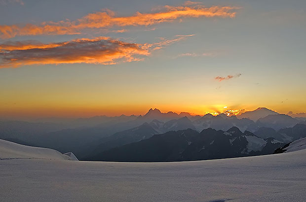 Sunset over the Great Caucasus, view from the Bezengi Wall