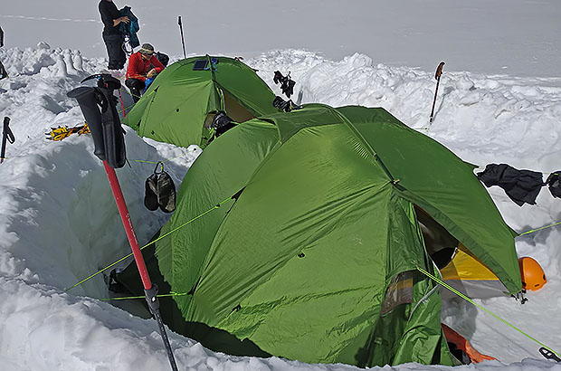 High camp 4300m on the Bezengi Wall, climbing Mount Gestola